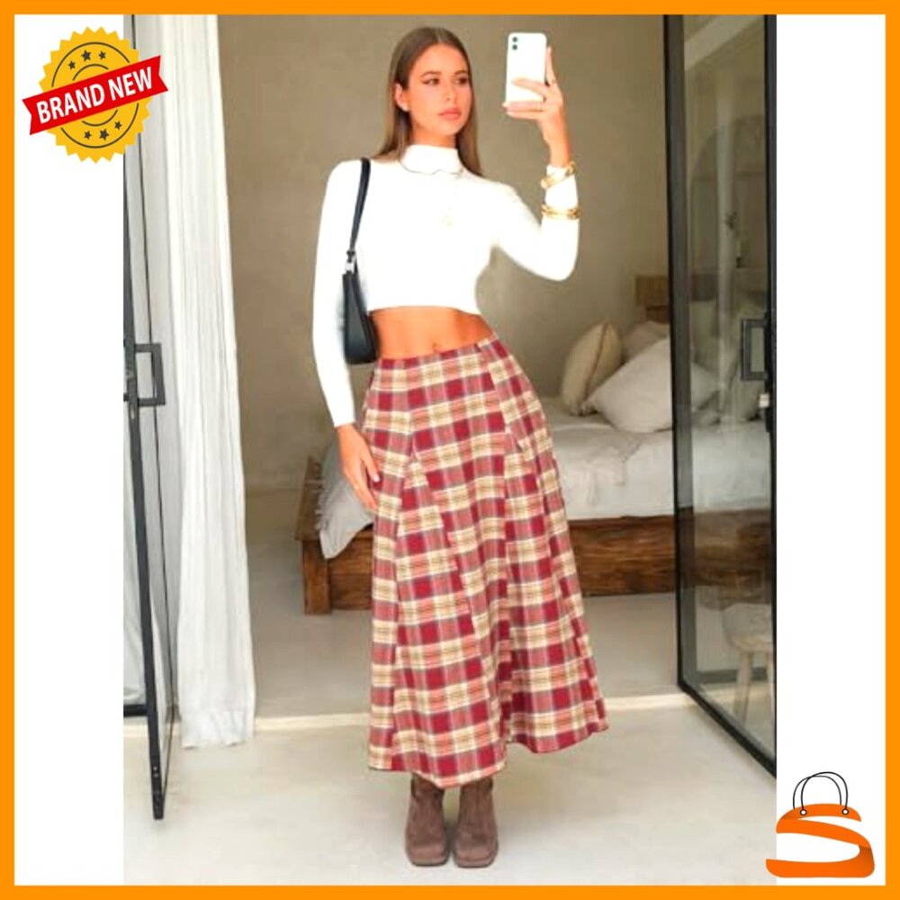Flannel Plaid Maxi Skirt High Waist A-Line Pleated with Pockets Women's - Picture 6 of 7